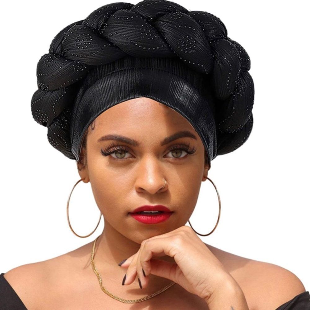 Black Twisted Stretchy African Turban Head Wrap Crystals Beanie Cap Headwrap​​​